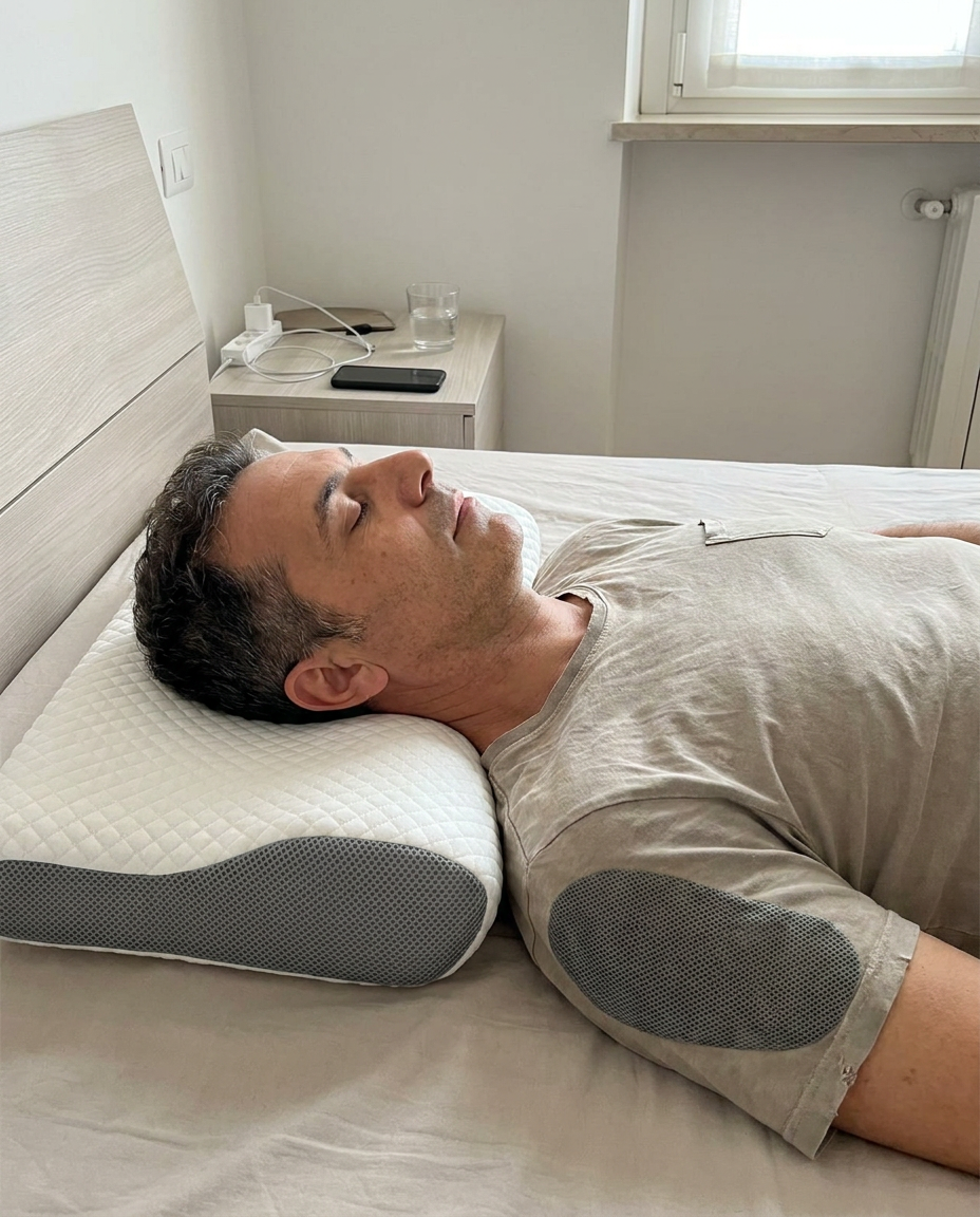 Un uomo dorme con la testa appoggiata al cuscino SOLVA Notte